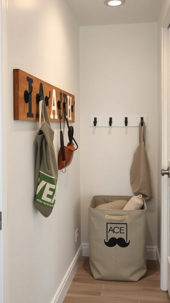 A small hallway featuring hooks for hanging items and a storage basket for organization.