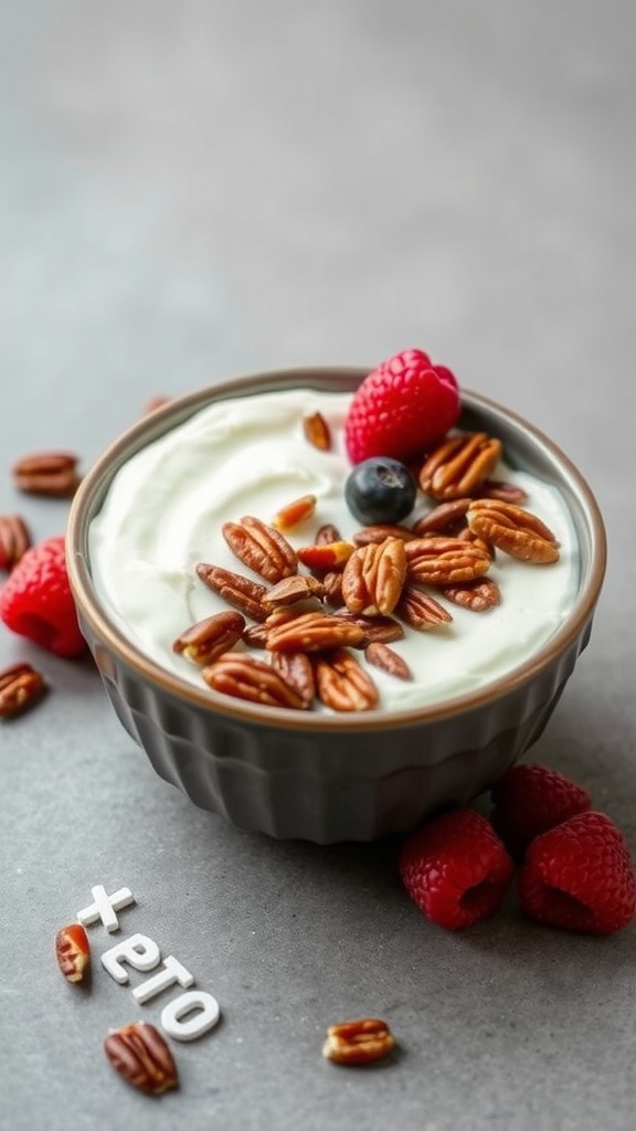 A bowl of yogurt topped with keto candied pecans, blueberries, and raspberries, with 'keto' spelled out in white letters.