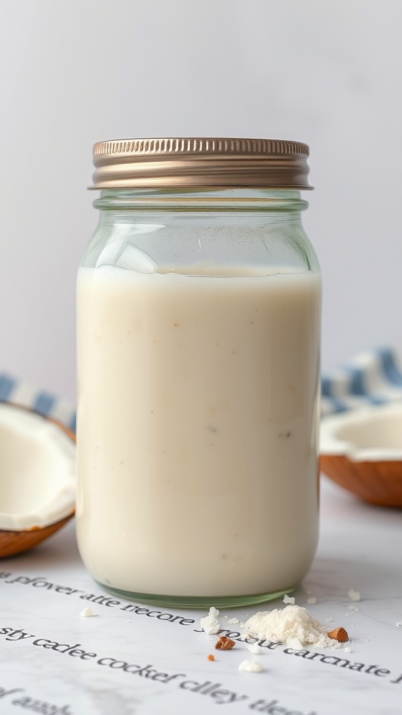 A jar filled with creamy coconut sauce, perfect for drizzling over desserts.