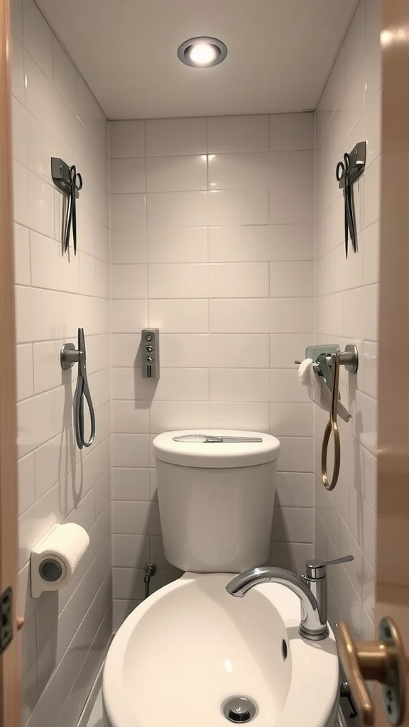 A small bathroom with a toilet, towel holder, and magnetic strips holding scissors and other items on the wall.