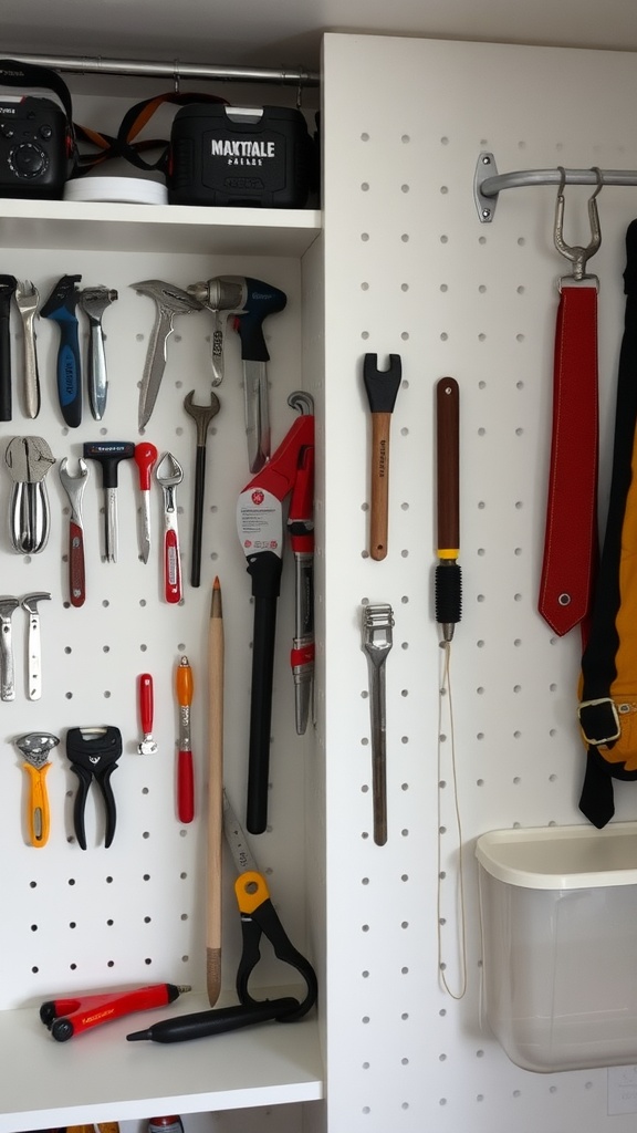 A wall-mounted organization system featuring various small tools on magnetic strips.