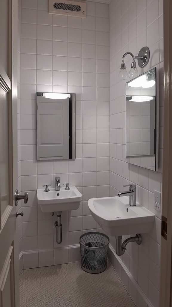 A small bathroom featuring two mirrors, a sink, and a wastebasket.