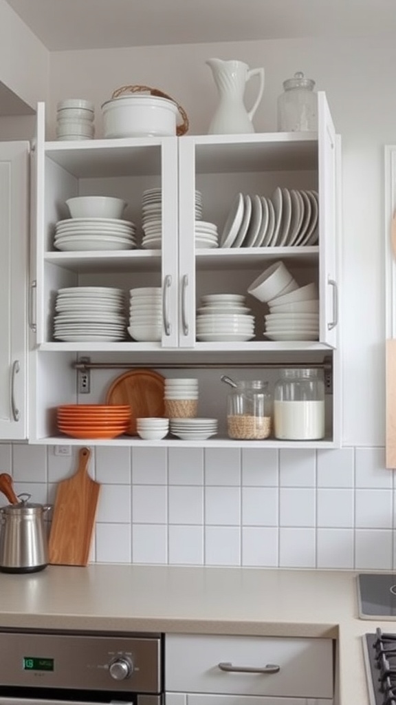 A neat kitchen with white overhead cabinets filled with plates and glassware, showcasing organized kitchen storage.