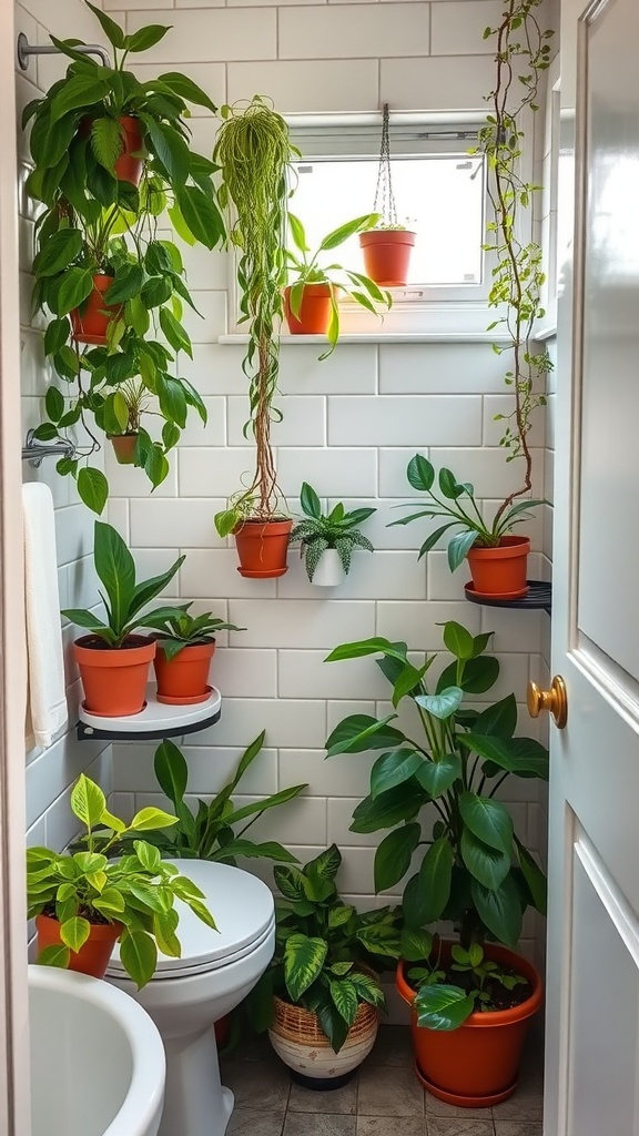 A small bathroom filled with various potted plants, creating a lively and green atmosphere.