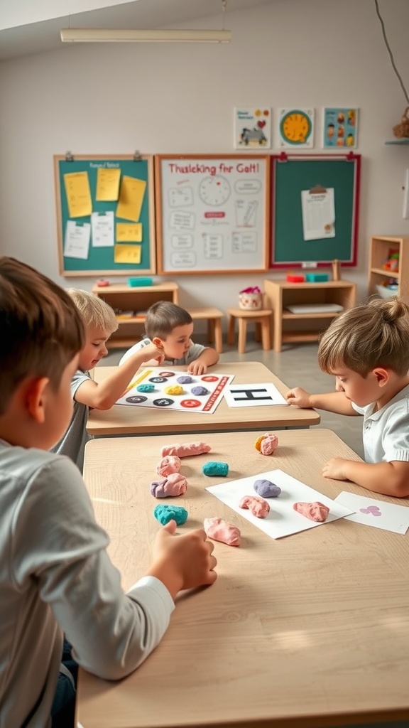 Colorful homemade playdough on a table with children engaged in learning activities.
