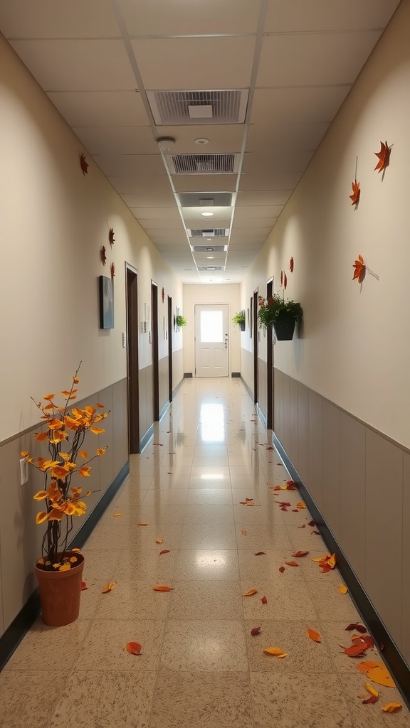 A hallway decorated with autumn leaves and potted plants.