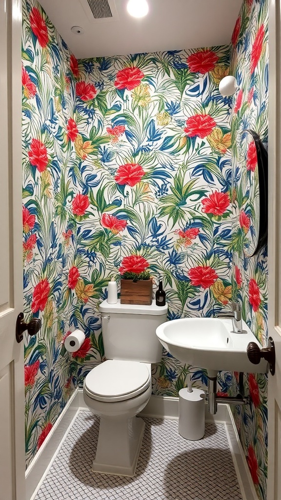 A small bathroom with vibrant floral wallpaper, showcasing a cheerful and colorful design.