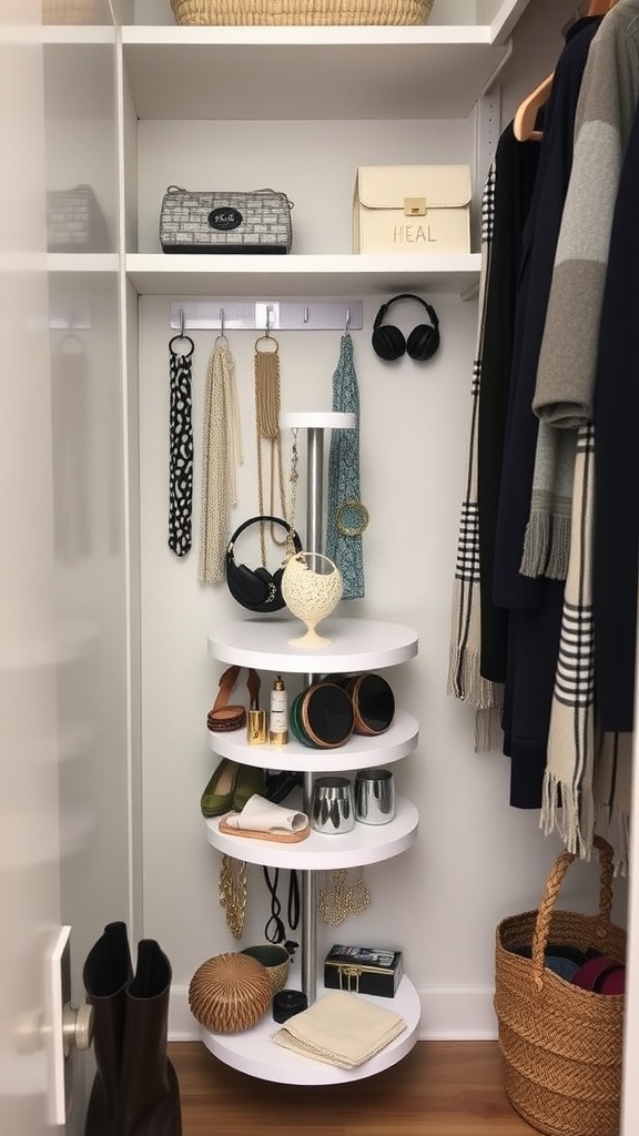 A small closet featuring a lazy Susan for organizing accessories and shoes.