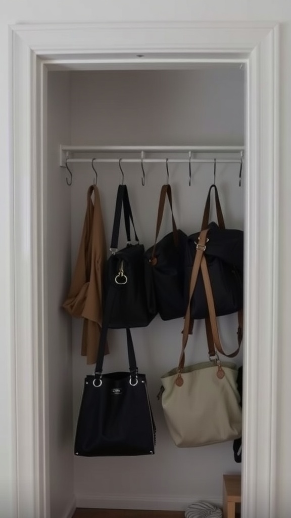 Closet door with hooks holding bags and a jacket