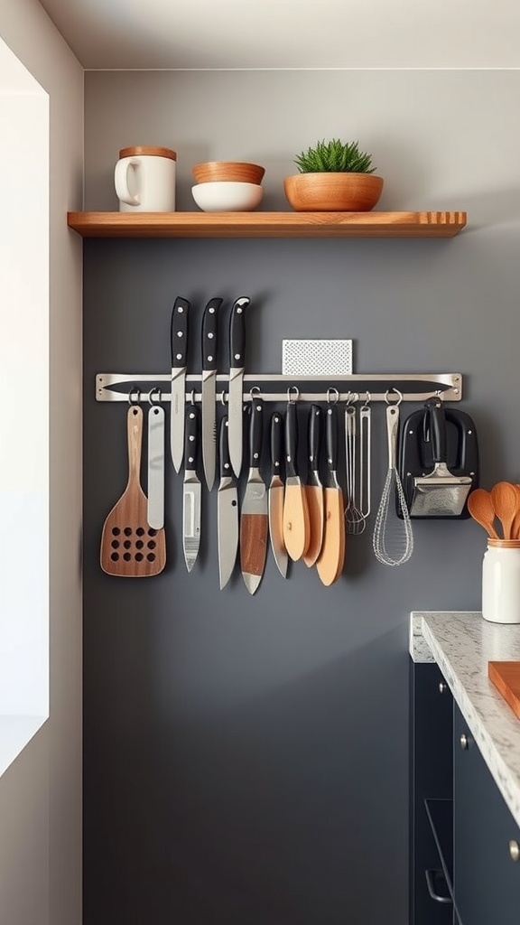 A kitchen setup featuring a magnetic strip holding various knives and cooking tools.