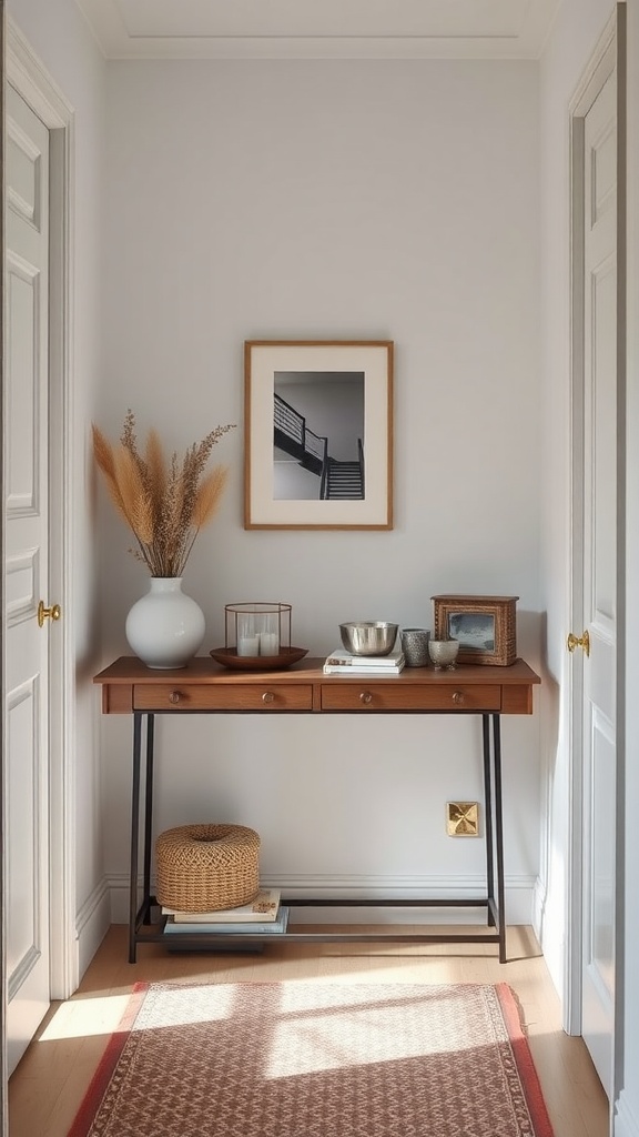 A narrow console table in a small hallway with decorative items and a rug