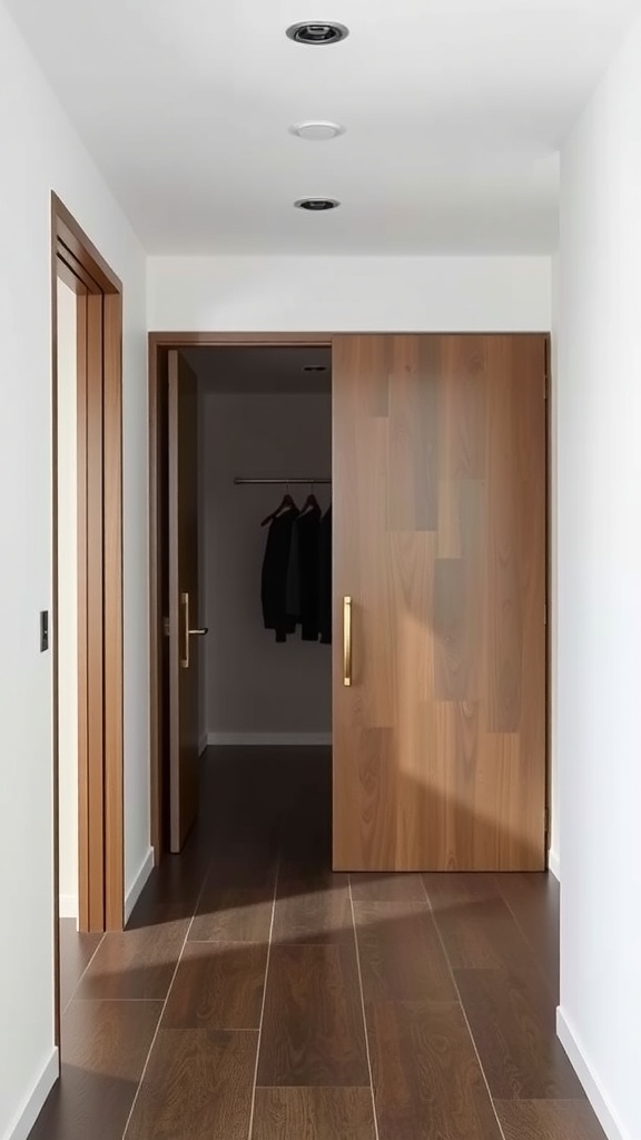 A small hallway featuring sliding doors and wooden finishes.