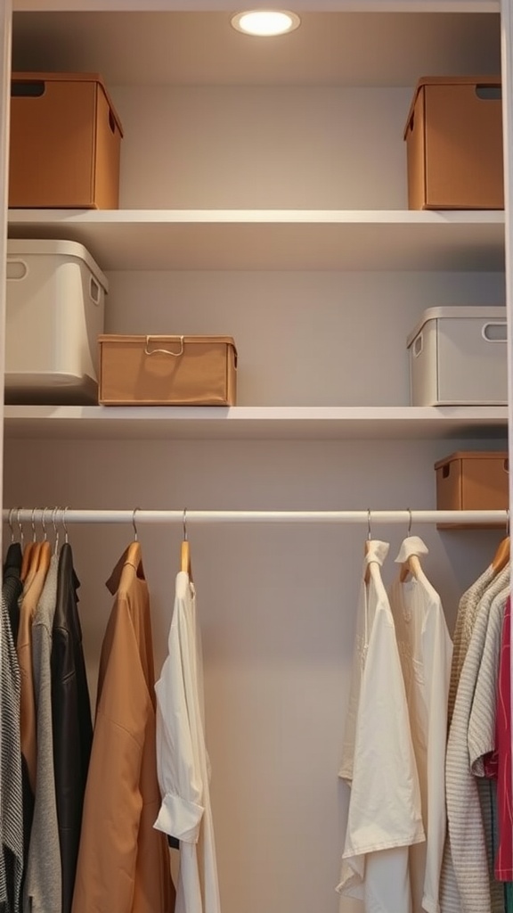 A small closet with shelves above a hanging rod, featuring neatly organized storage bins.