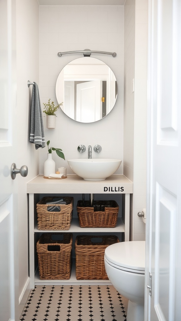 A small bathroom featuring a stylish under-sink storage solution with baskets.