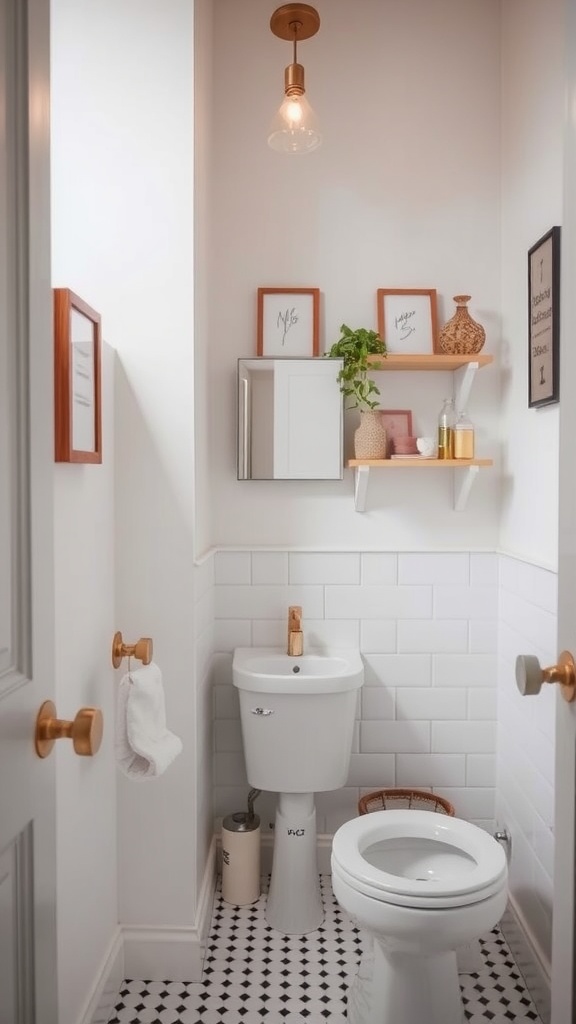 A stylish half bathroom with a modern design, featuring a toilet, sink, and decorative shelves.
