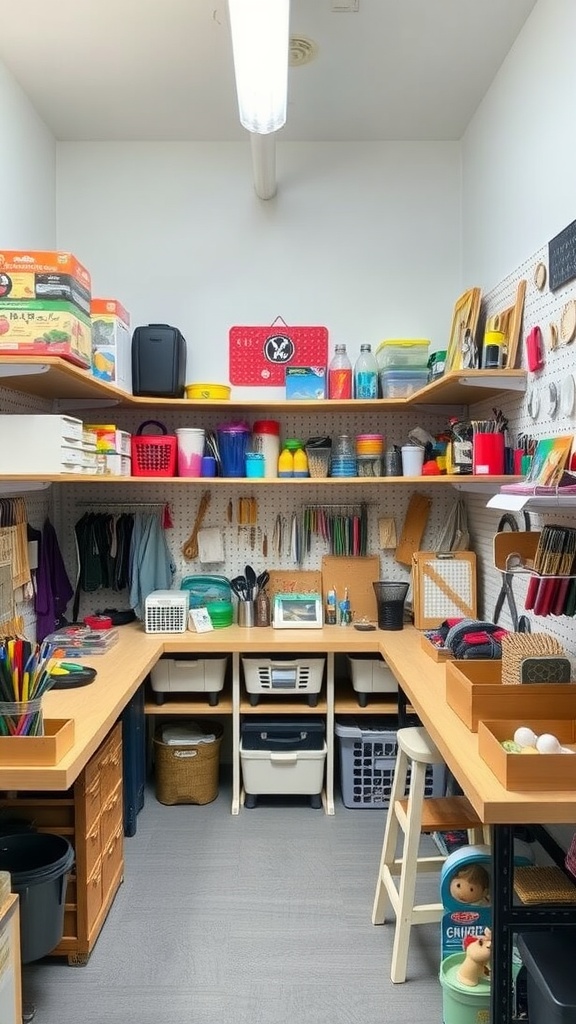 A well-organized craft room with shelves and pegboards storing various craft supplies.