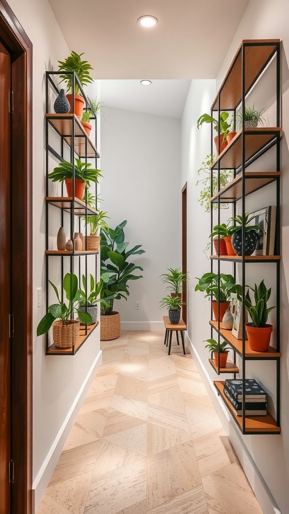 A small hallway featuring stylish vertical shelves filled with plants and decorative items.