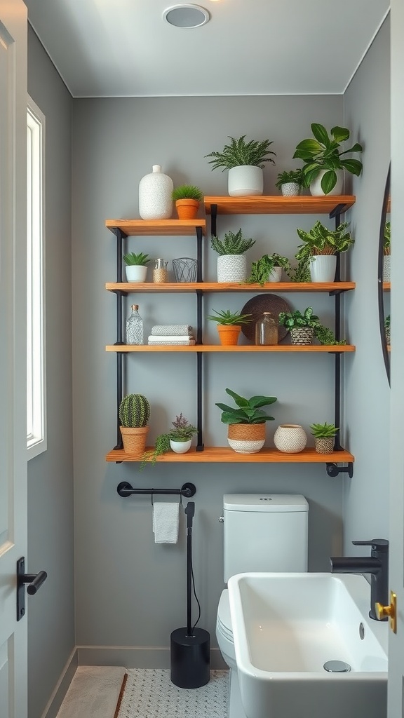 A small bathroom featuring wooden shelves filled with plants and decorative items.