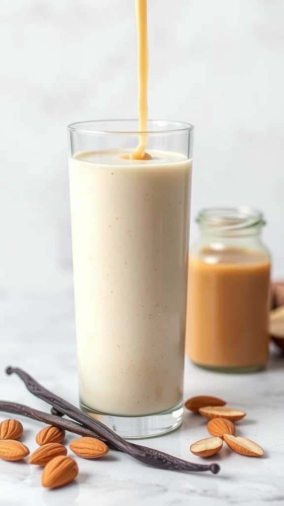 A glass of vanilla almond butter smoothie with almonds and vanilla pods