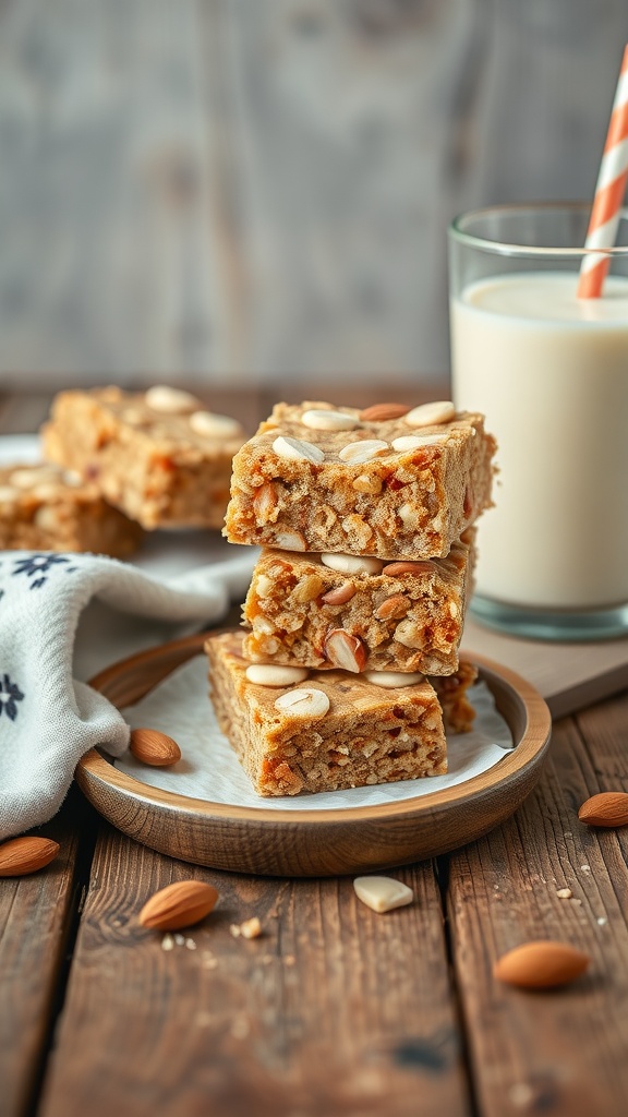 Delicious homemade vanilla almond crunch bars on a wooden plate.