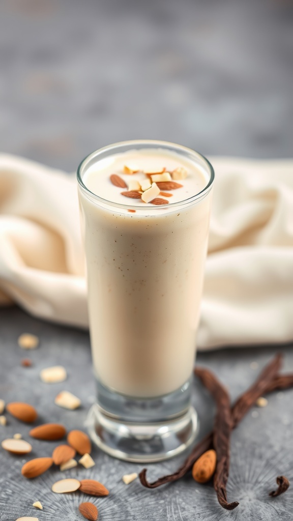 A glass of vanilla almond smoothie topped with sliced almonds.