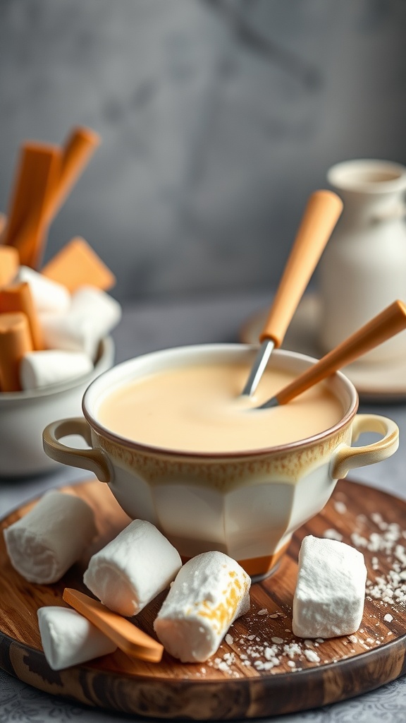 A bowl of vanilla bean custard fondue surrounded by marshmallows and dipping sticks.