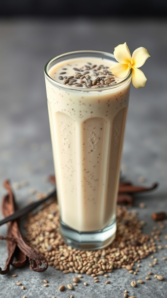 A refreshing Vanilla Chia Power Shake in a tall glass, topped with chia seeds and a flower garnish