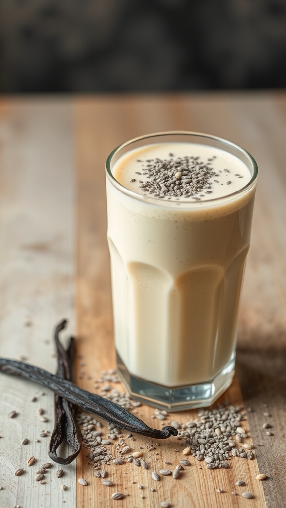 A refreshing vanilla chia seed protein smoothie in a glass.