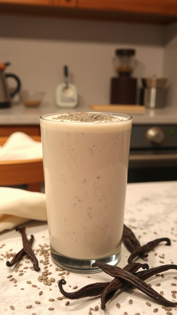 A glass of Vanilla Chia Seed Smoothie topped with chia seeds, surrounded by vanilla pods.