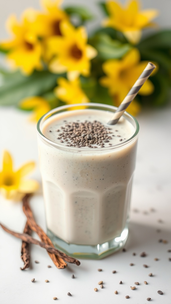 A creamy vanilla chia seed smoothie topped with chia seeds and a striped straw