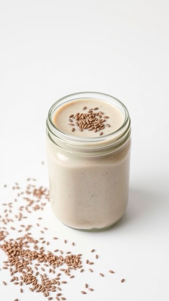 A delicious vanilla chia seed smoothie in a jar topped with chia seeds.