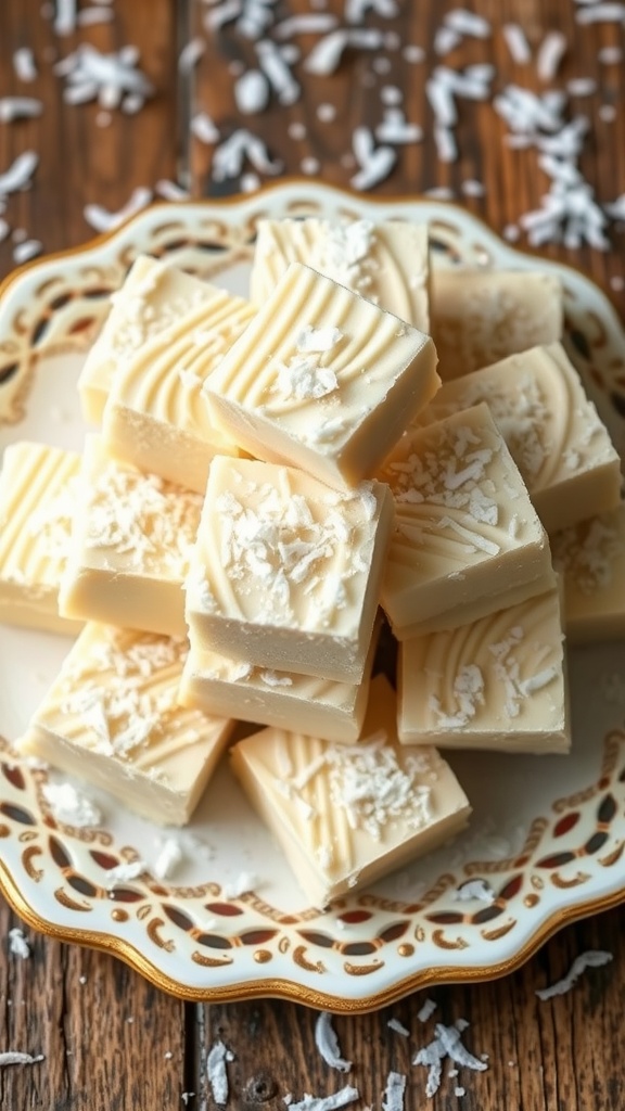 Delicious looking vanilla coconut fudge squares on a decorative plate.