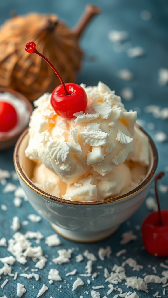 A bowl of creamy vanilla coconut ice cream topped with cherries and shredded coconut.