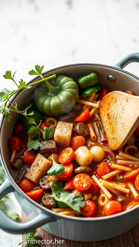 A pot of pasta fagioli with seasonal vegetables.
