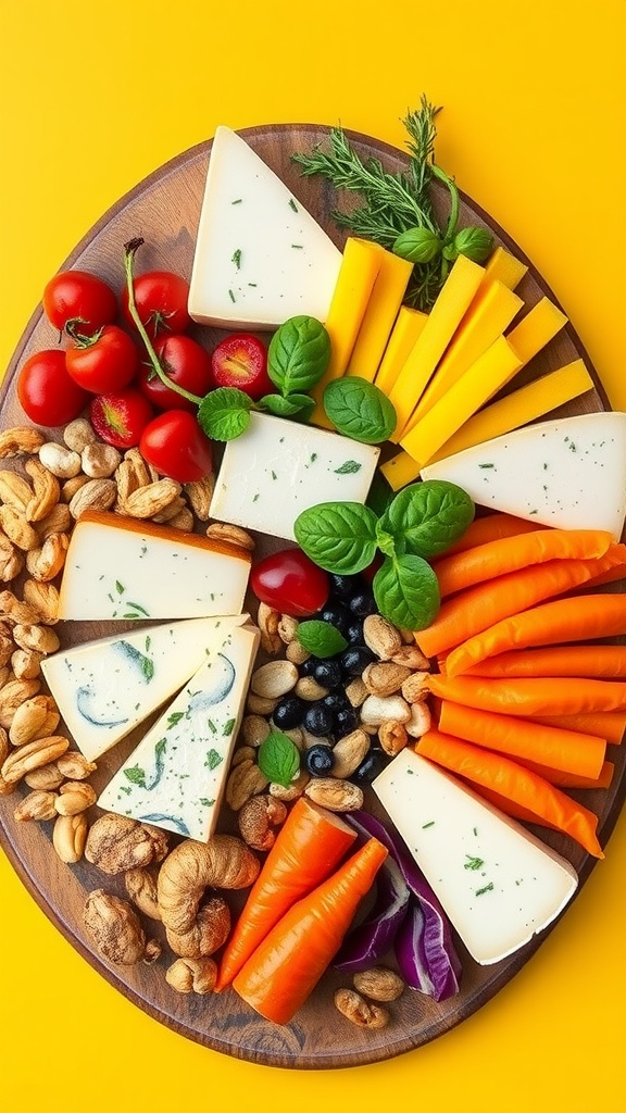 A vibrant vegan cheese board featuring plant-based cheeses, fresh vegetables, nuts, and tomatoes on a wooden platter.
