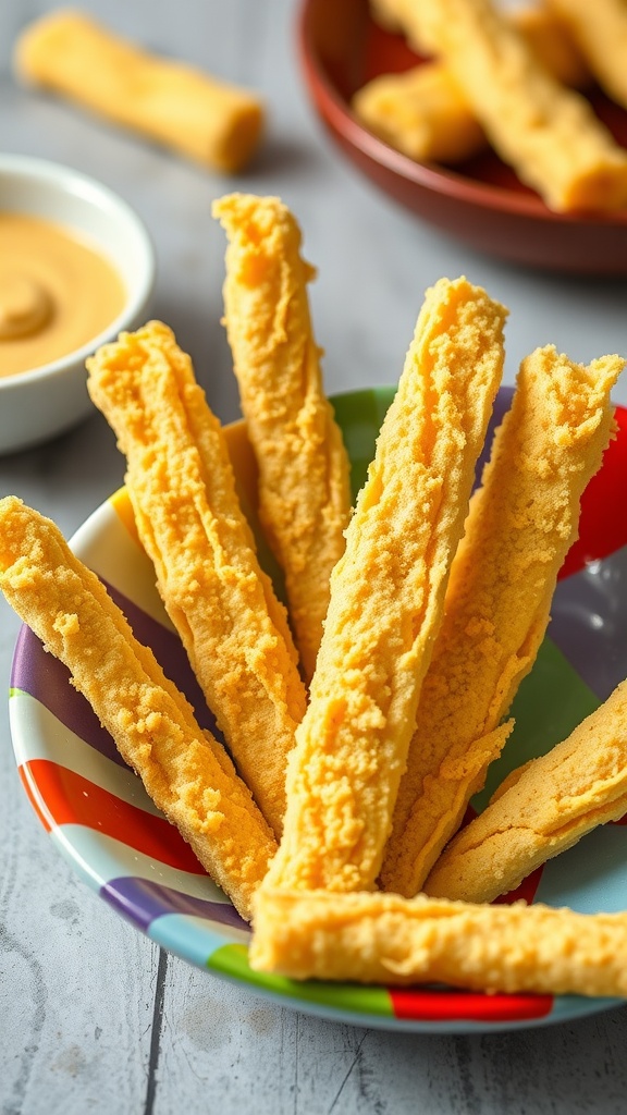 Vegan keto cheese sticks arranged in a colorful bowl with a dipping sauce on the side.