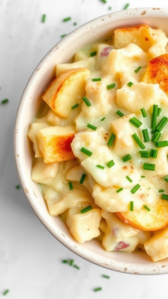 A bowl of vegan scalloped potatoes topped with fresh chives.