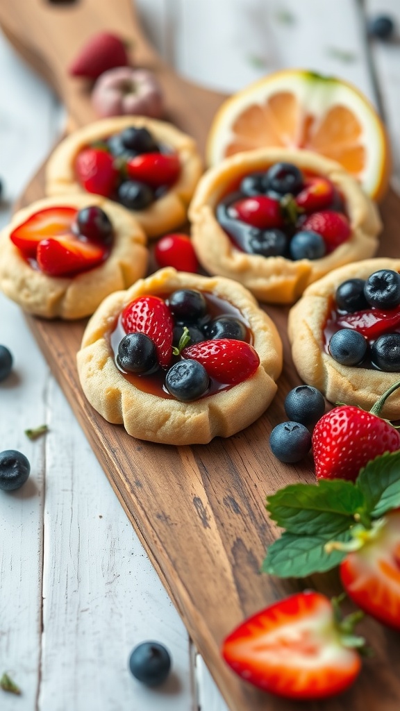 A collection of vegan thumbprint cookies topped with colorful fruit compote.