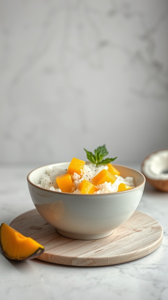 A bowl of mango sticky rice with fresh mango slices and a drizzle of coconut sauce