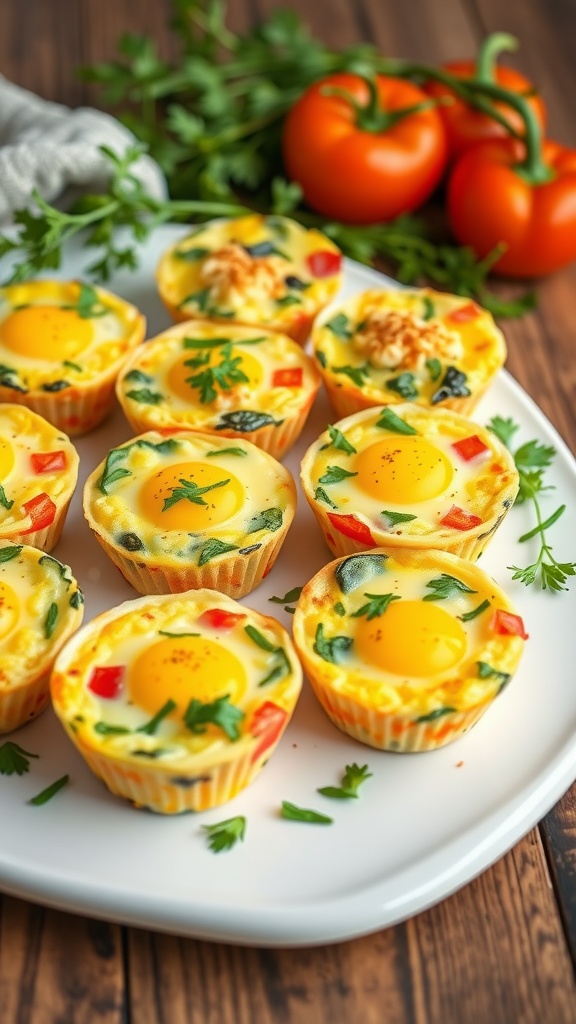 Colorful vegetable and egg muffins arranged on a plate with fresh herbs.