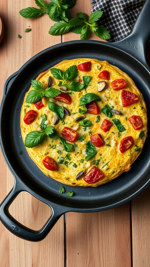 A vibrant vegetable frittata featuring bell peppers, spinach, and fresh herbs cooked on a Blackstone griddle.