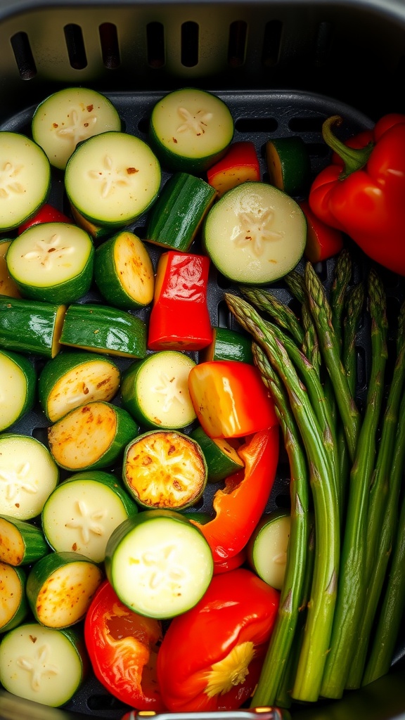 A colorful assortment of sliced vegetables such as zucchini, bell peppers, and asparagus, seasoned with garlic butter.