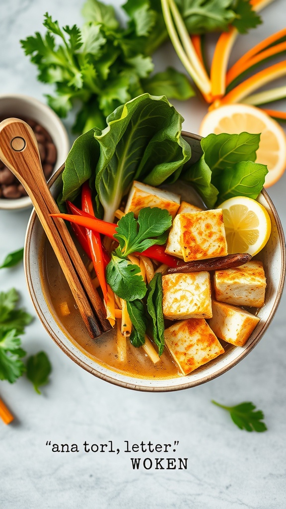 A bowl of vegetable ramen with tofu, featuring fresh greens and colorful vegetables.