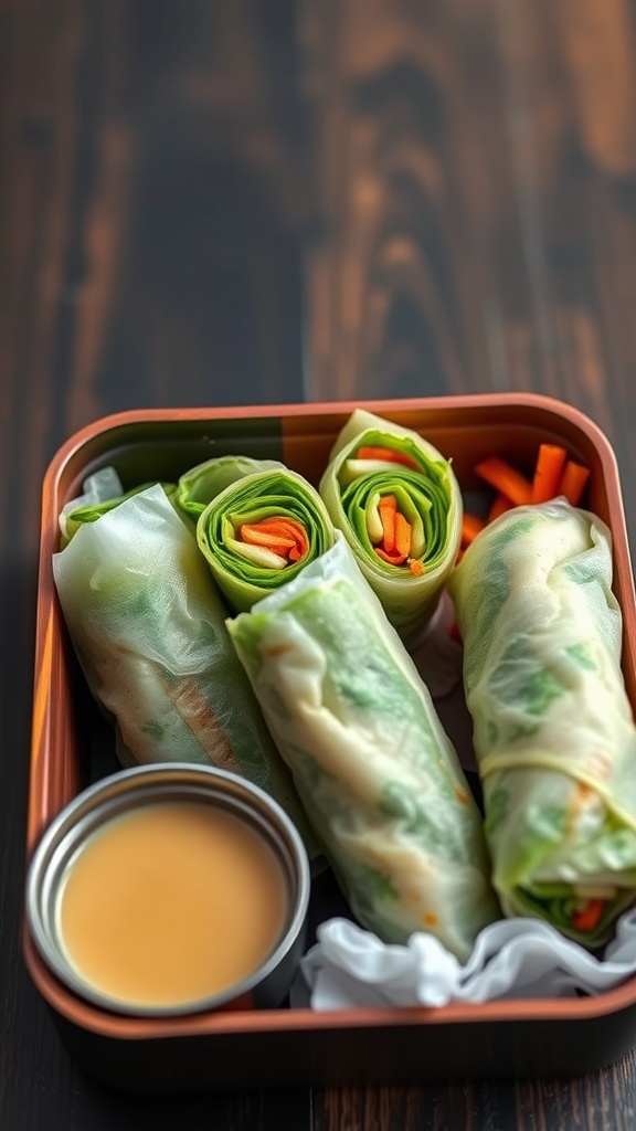 A bento box containing vegetable spring rolls with a small container of dipping sauce