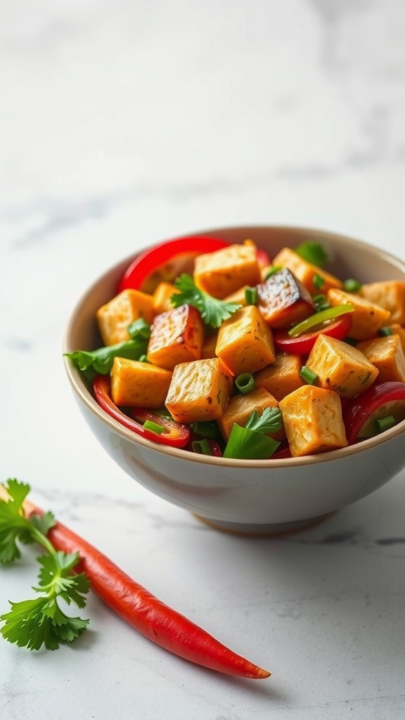 A colorful bowl of vegetable stir-fry with tofu, featuring chopped vegetables and garnished with green onions.