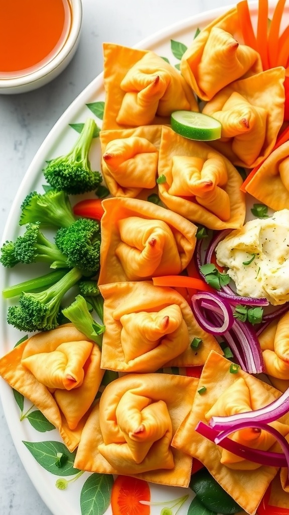 Plate of vegetarian rangoon with dipping sauce and veggies
