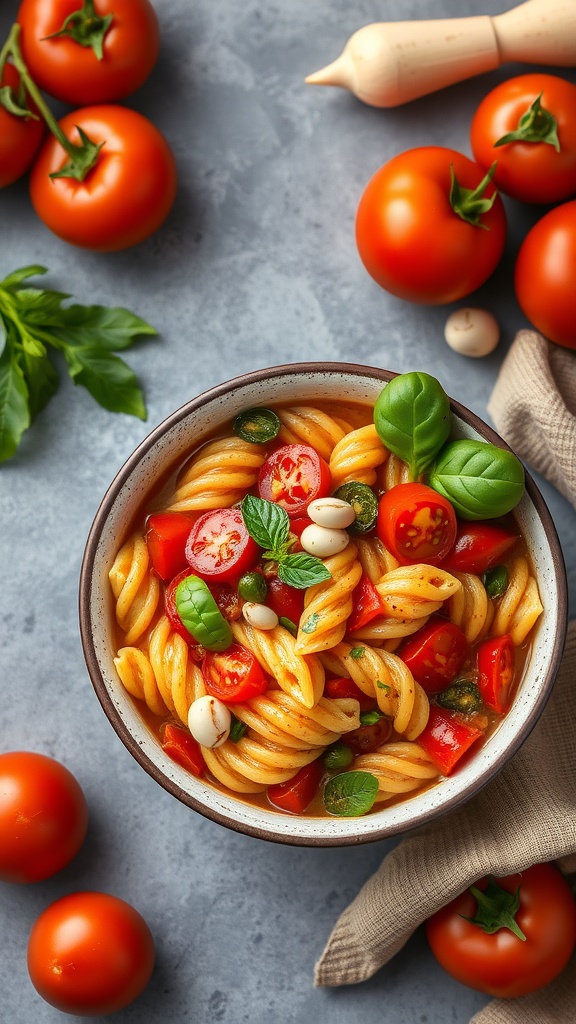 A bowl of pasta fagioli with colorful vegetables and herbs.
