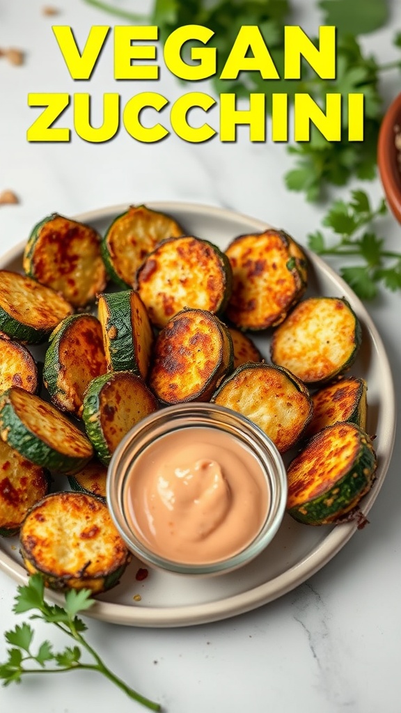 Plate of crispy fried zucchini rounds with a small bowl of dipping sauce