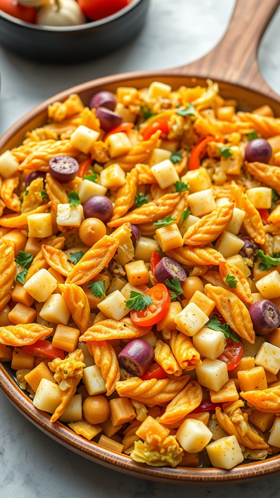 A vibrant vegetarian cabbage and cheese medley casserole with a golden cheesy top.