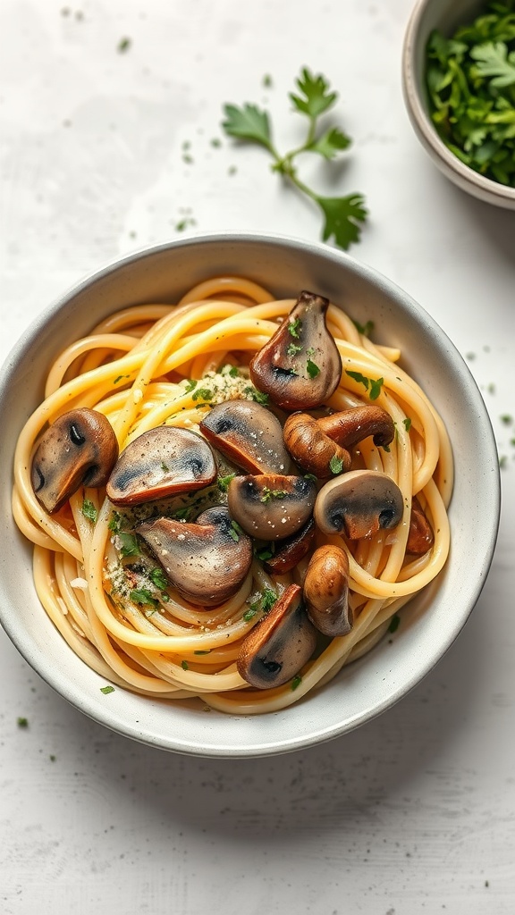 Vegetarian carbonara with mushrooms and parsley in a bowl